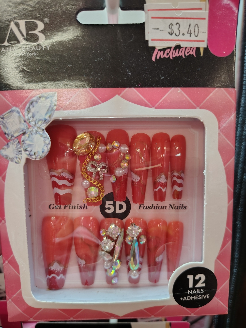 ❤️ANA Beauty 5D Red Rhinestone Gel Finish Fashion Nails💅❤️